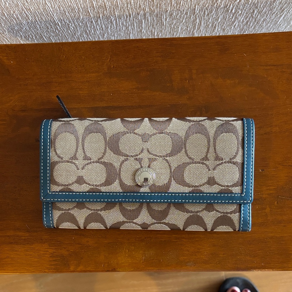 COACH Brown and Beige Wallet with Blue Trim